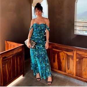 Lizard Thicket - Elegant Blue Floral Off-Shoulder Dress